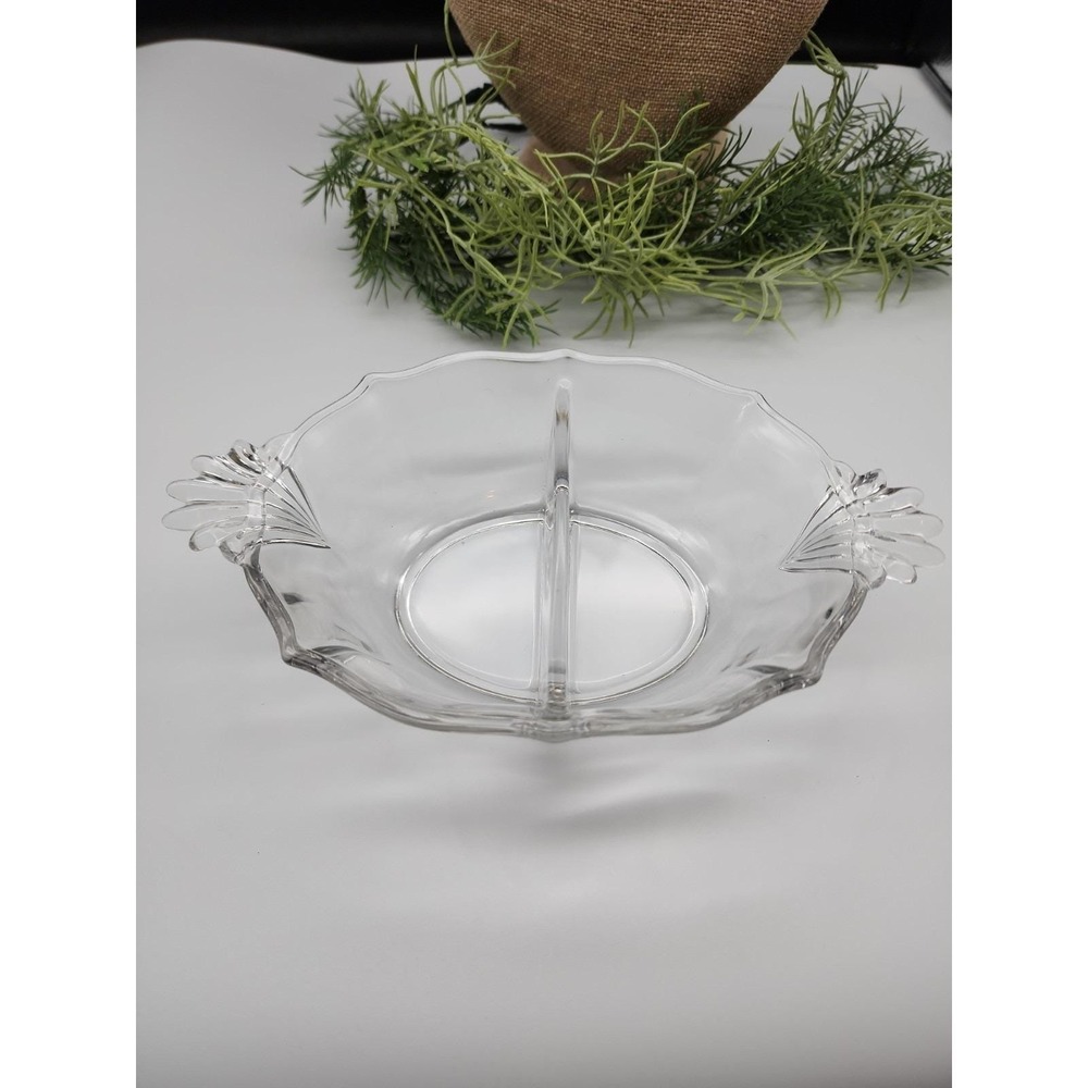 Vintage Clear Glass Divided Relish‎ Dish Fan Handles Mid-Century Serving Bowl